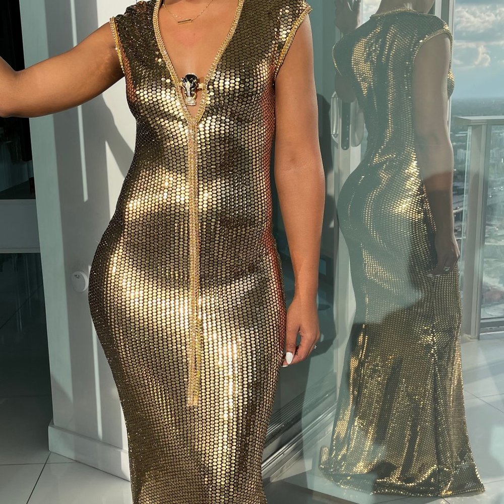 Gold Evening Maxi Dress - Size Small